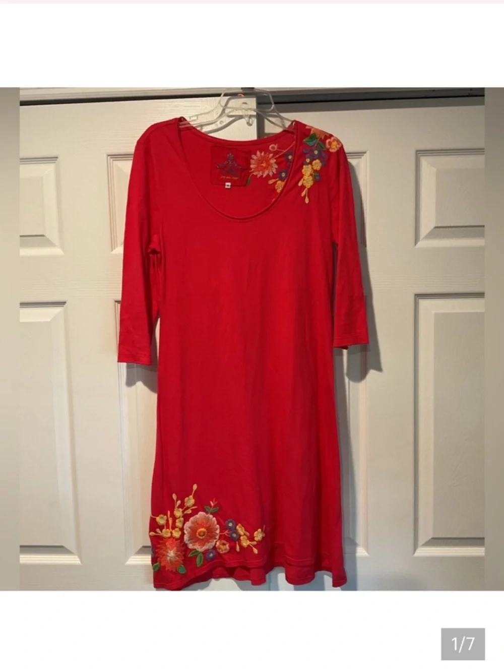 Johnny Was Red Midi Dress with Floral Embroidery - Picture 2 of 8